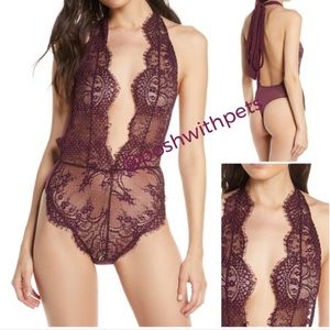 Free People NWT Showoff Bodysuit Plunge V Neck Sheer Lace Thong Purple Small New
